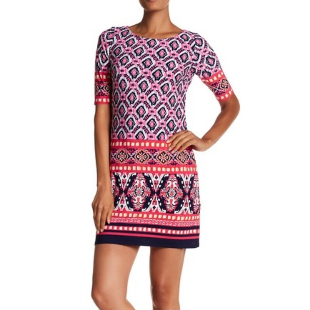 NWT Eliza J Geo Print Boat Neck Shift Dress Pink